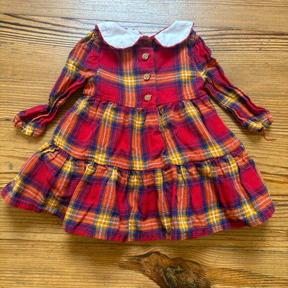 Tahari red plaid apple embroidered collar long sleeve baby dress SIZE 3-6M - Picture 5 of 5